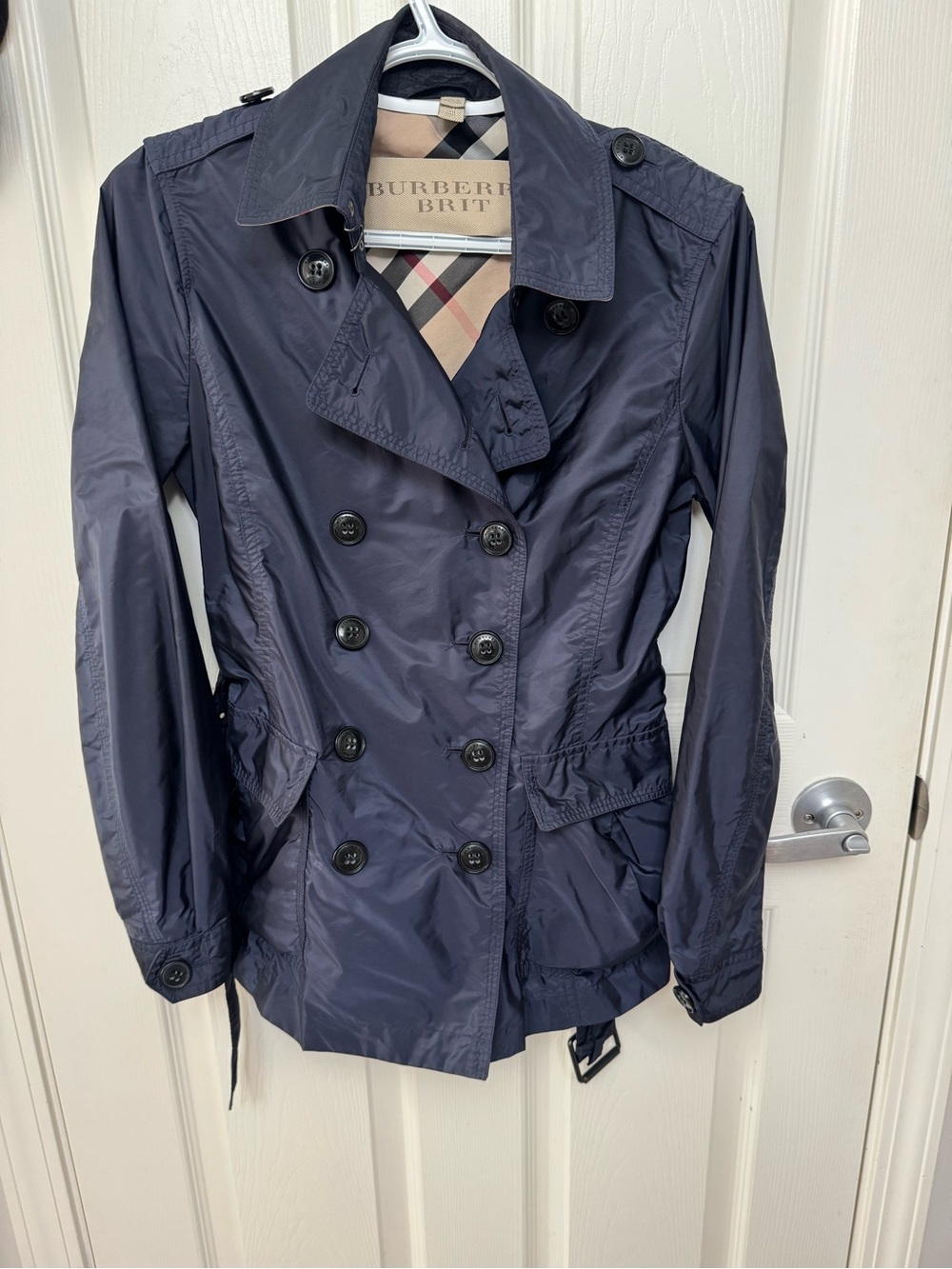 Burberry Navy Double-Breasted Trench Coat with Check Lining